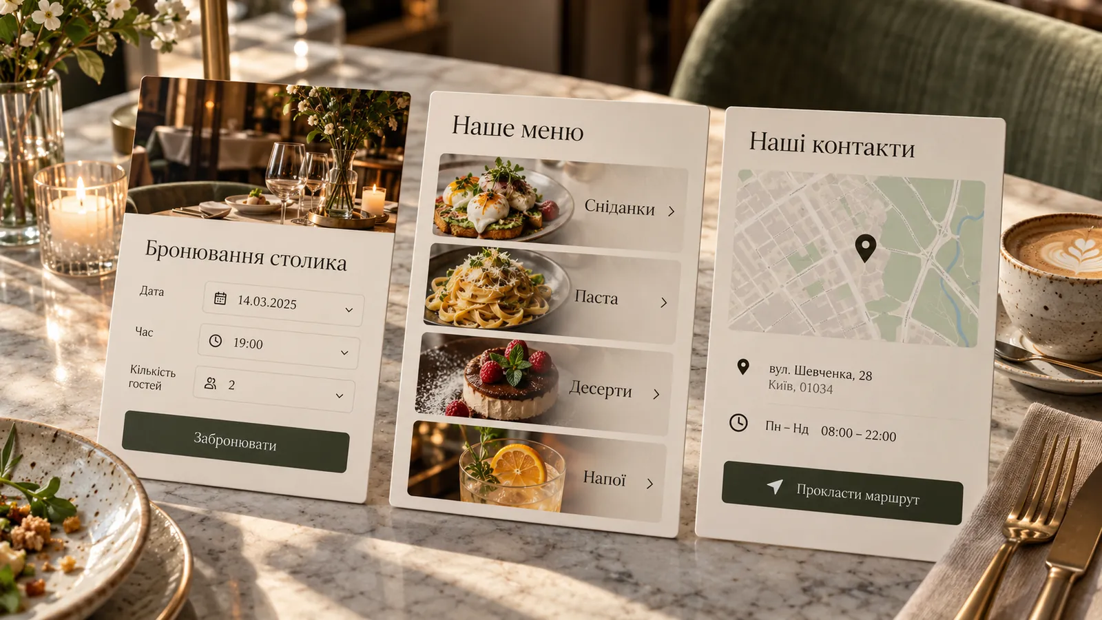 Форма бронювання столика, меню й контакти з картою на сайті ресторану