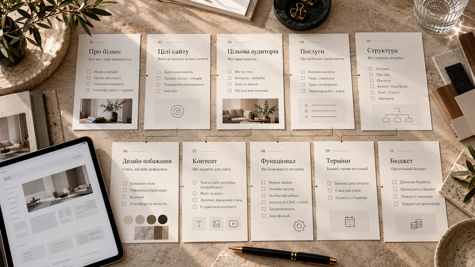Картки брифу на сайт: бізнес, цілі, аудиторія, послуги, структура, контент, терміни й бюджет